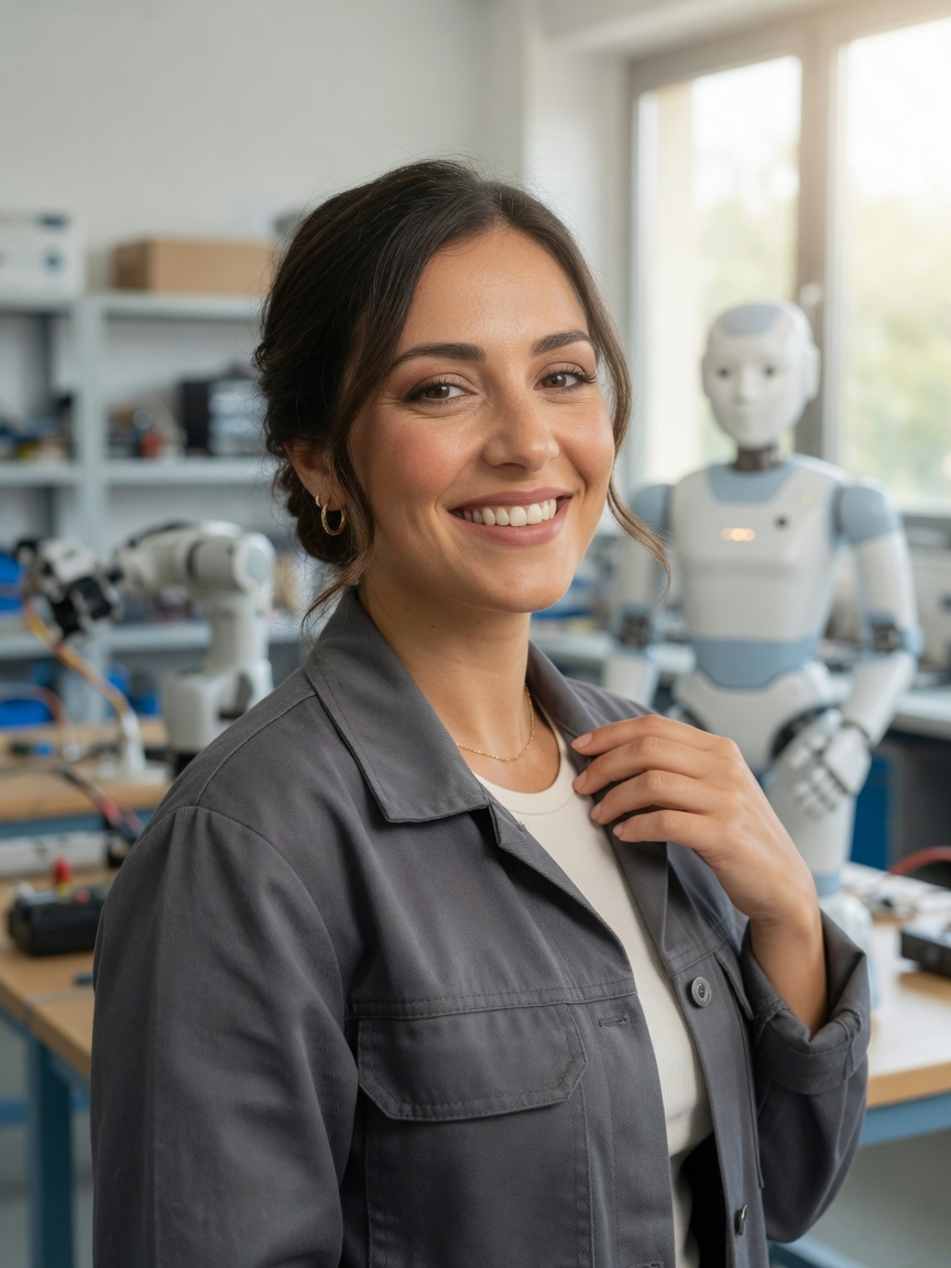 Smiling field engineer beside a personal humanoid robot in a bright workshop