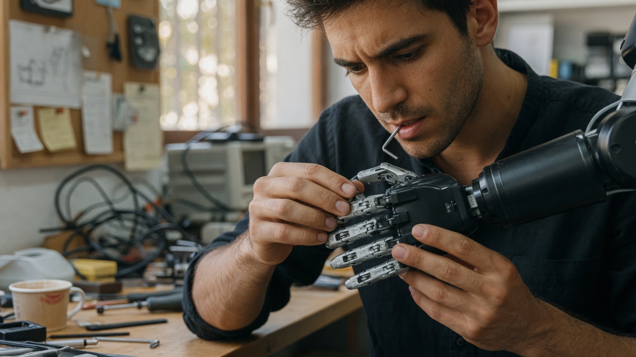 Young technician servicing a humanoid robot hand in a workshop