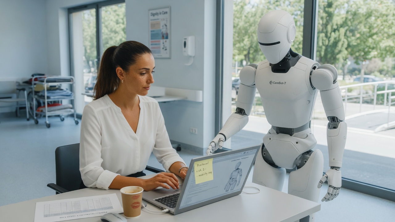 Engineer programming a humanoid robot at a care facility desk