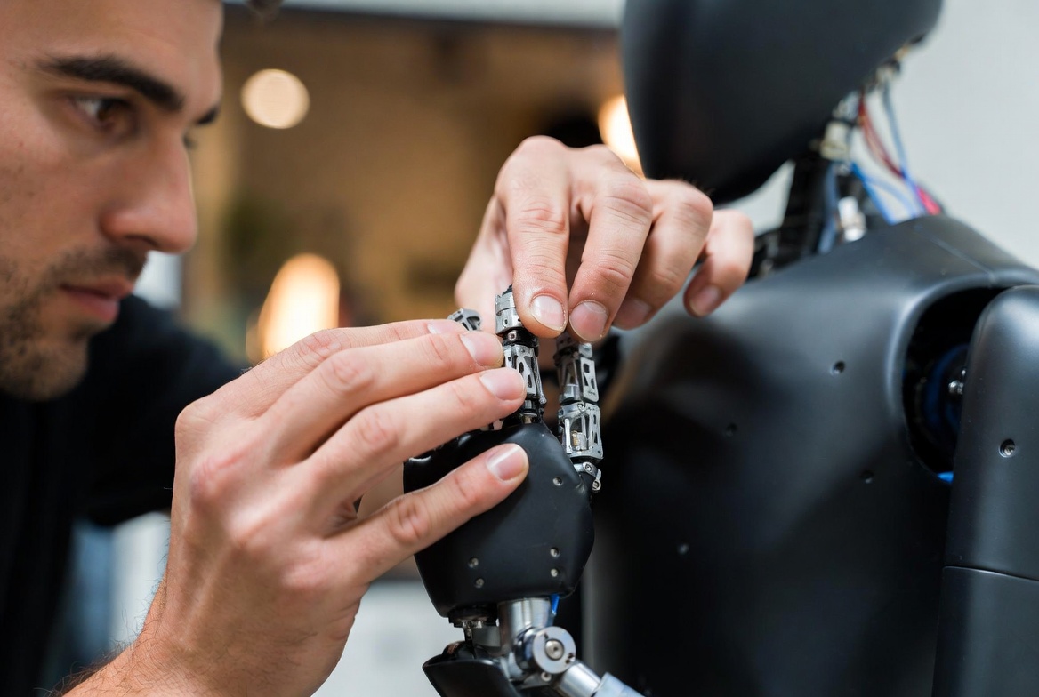 Expert technician servicing a humanoid robot